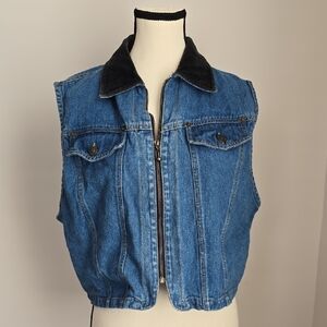 Vintage Studio Wear Blue Denim Zip Front Vest Black Contrast Neck Size Large